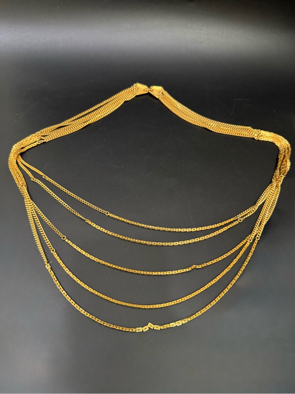 Vintage MONET Gold-tone Multistrand Five Graduated Draping Chain Necklace - Picture 4 of 12